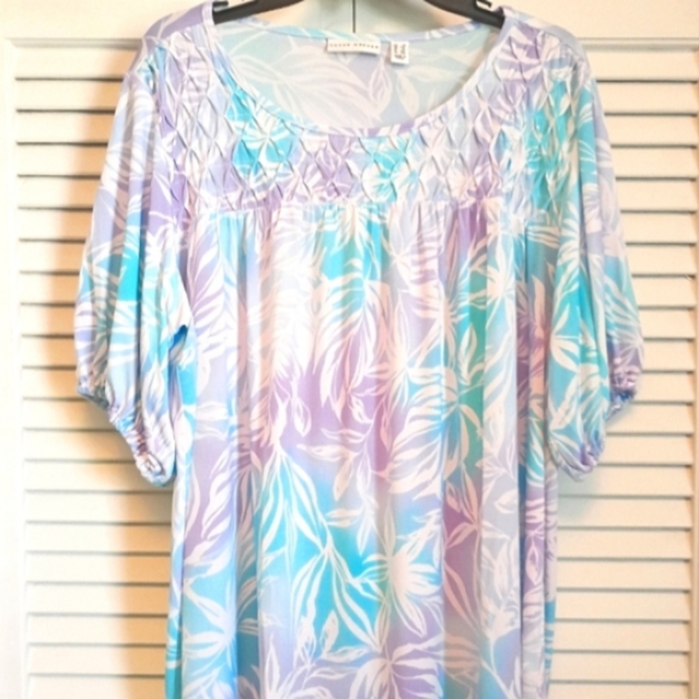 🩵Susan Grover (QVC) Liquid Knit Turquoise & Purple Balloon Sleeve Blouse💜